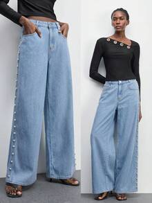 Maija Women's Casual Washed Beaded Decor Wide Leg Jeans Fall - Light Wash - View 3
