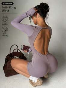 SHEIN Sports 女款素色插肩袖長袖露背運動連身短褲 - 灰色 - 查看 5