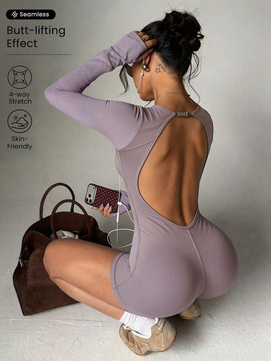 Slayform Slayform Women's Solid Color Raglan Long Sleeve Backless Sports Romper Shorts - Grey - View 1