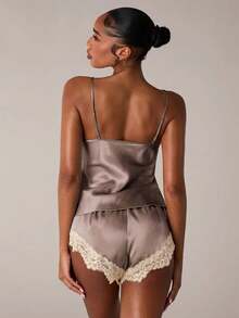 SHEIN BAE Women's Contrast Color Lace Patchwork Camisole & Shorts Pajama Set - Brown - View 2