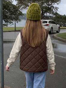 Hapijoa Tween Girl Letter Pattern Single-Breasted Casual Vest Winter Coat - Brown - View 2
