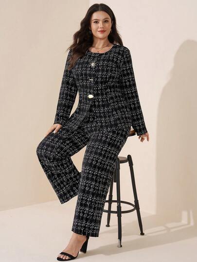 Comfylo Plus Size Elegant Commuter Plaid Blazer & Pants Suit Set