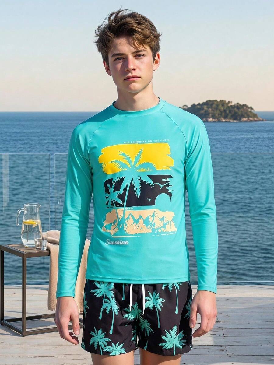SHEIN 2pcs/Set Teen Boys Swimwear,Blue Sunshine Rashguard Top & Tropical Palm Tree Print Bottom,Summer Beach Holiday Vacation Pool Party Outfit For Teens - Multicolor - View 1