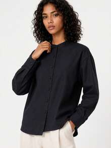 SHEIN BASICS Women's Solid Color Casual All-Match Minimalist Professional Versatile Daily Long Sleeve Shirt Teachers' Day Office Black Autumn - Black - View 1
