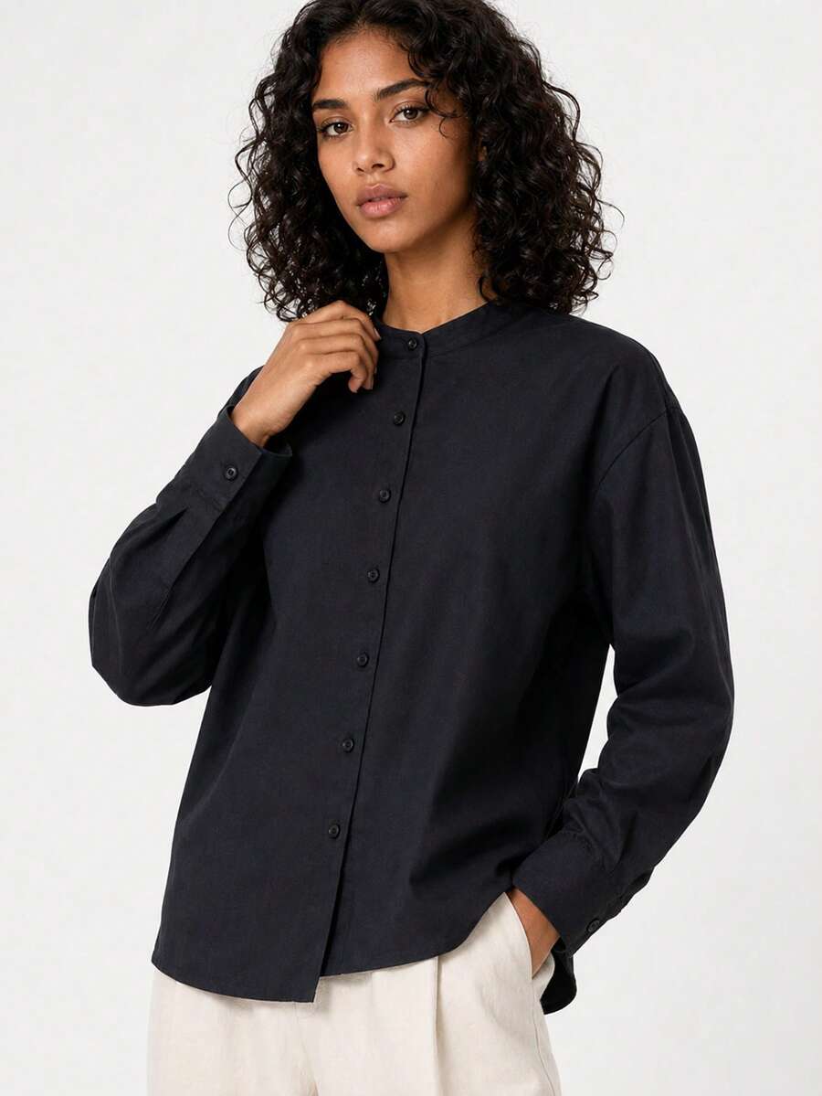 SHEIN BASICS Women's Solid Color Casual All-Match Minimalist Professional Versatile Daily Long Sleeve Shirt Teachers' Day Office Black Autumn - Black - View 1