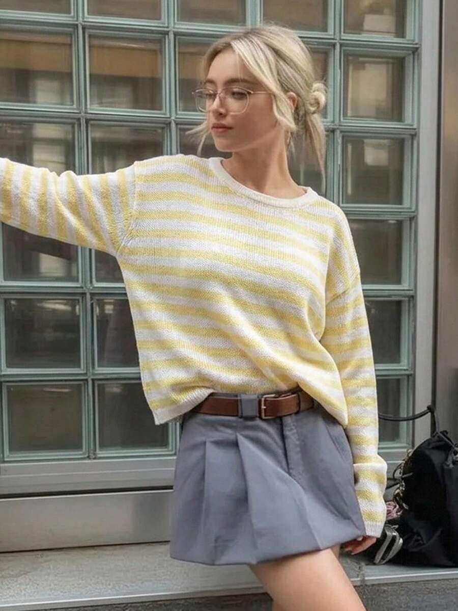 SHEIN Teen Girls Casual Striped Knit Sweater, Simple & Fashionable, Suitable For Daily Wear, Autumn, Winter - Yellow - View 1