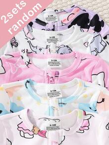 5pcs/Set Random Blind Box, 2pcs Baby Girls' 2-Piece Set Includes Short Sleeve Tops And Shorts, Light Pink, Purple, White, Heart, Cat, Rabbit, Cow, Cloud, Star, Elephant Cute All-Over Print, Casual, Stretchy, Soft, Zipper, Homewear, Suitable For Summer, Bodysuit - Multicolor - View 5