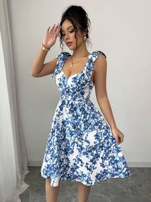 Fine & Folde Women Elegant Daily Refresh Blue Floral Bustier A-Line Cami Dress - Blue - View 5