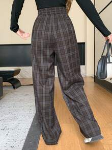 Dazy Tall 女款格紋彈性腰抽繩綁帶休閒寬鬆直筒長褲 - 灰色 - 查看 5