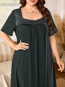 Lacomfia Women's Square Neck Short Sleeve Polka Dot Patchwork Pleated Loose Casual Comfortable Daily Versatile Minimalist Plus Size Dress - Grey - View 1