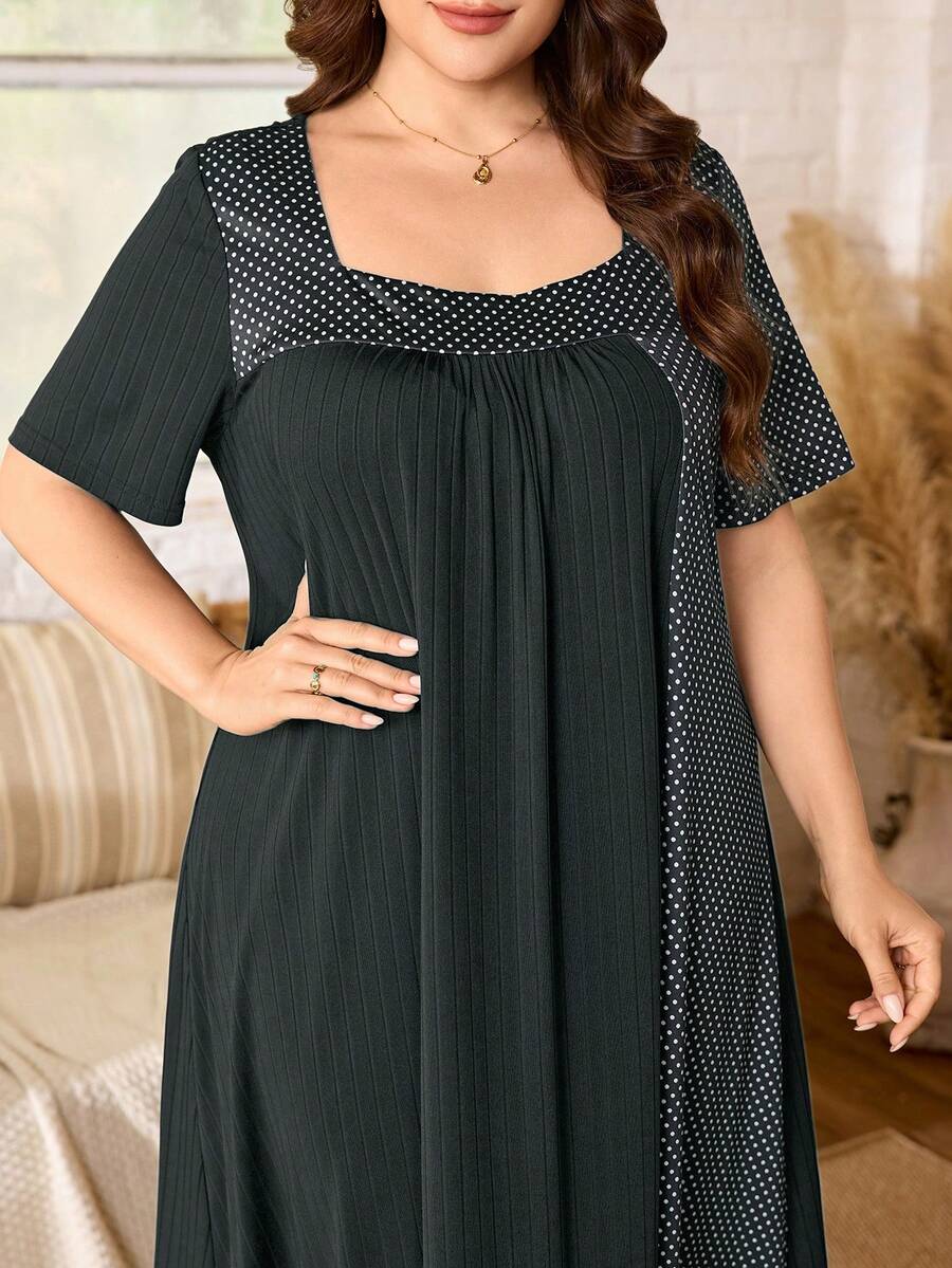 Lacomfia Women's Square Neck Short Sleeve Polka Dot Patchwork Pleated Loose Casual Comfortable Daily Versatile Minimalist Plus Size Dress - Grey - View 1