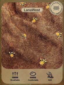 LanaWest Women's Western Casual V-Neck Corduroy Ribbed Embroidered Floral Ruched Babydoll Short Dress - Brown - View 6