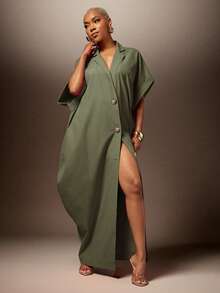 Vixey Woven Twill Notched Collar Deep V Drop Shoulder Quarter Sleeve Shirt Dress With Gold Button - Olive Green - View 5