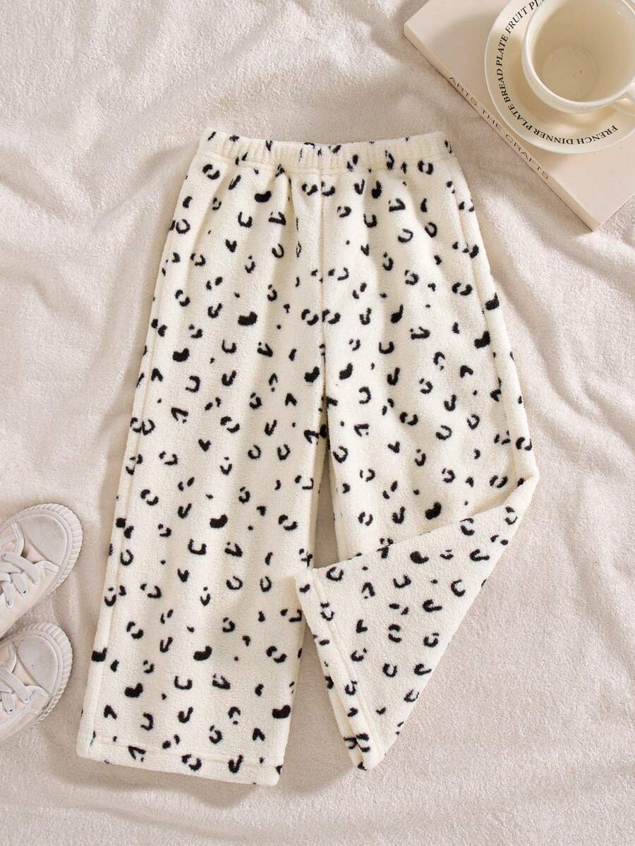 SHEIN 女童長褲 4-8歲 米杏色底紋,休閒、保暖柔軟、時尚,適合購物、上學及其他場合 - 彩色 - 查看 1