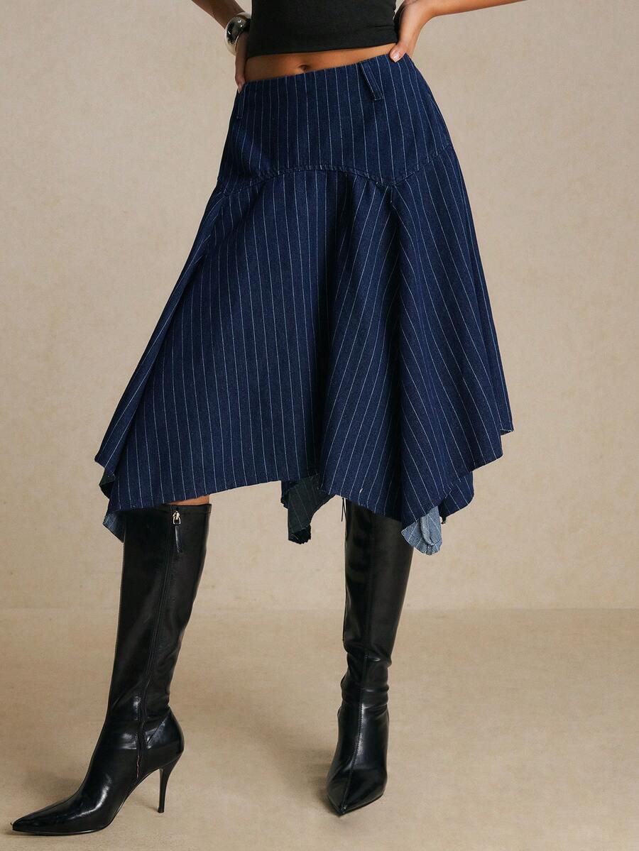 Poéselle 女款條紋休閒日常牛仔裙 西式女裝 藍色條紋派對新年穿搭 優雅女裙 女士上班穿搭 - 深色水洗藍 - 查看 1