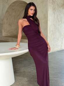 Aloruh 女款優雅性感深紫色修身網紗長洋裝，波浪領，優雅派對洋裝，返校舞會洋裝，婚禮賓客派對洋裝 - 酒紅色 - 查看 3