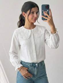 Teen Girl Girls Spring/Summer New White Collared Front Button-Down Single-Breasted All-Match Versatile Minimalist Premium Blouse Fall/Winter - White - View 3