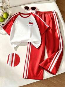 SHEIN Casuvi Kids 女童大童秋冬過渡運動學院風粉色與深綠色拼接短袖T恤短褲套裝，夏季寬鬆修身設計，輕量面料，適合日常穿著、休閒運動或搭配造型 - 彩色 - 查看 3