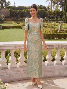 EastFlair Women's Elegant Luxury Metallic Texture Petal Sleeve Bow Tie Waist Dress - Green - View 2