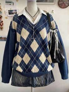 Lalippa Women's Casual Argyle Patchwork Knit Sweater, Autumn/Winter - Multicolor - View 3