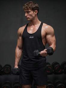 GymBeat 男友風男士字母圖案露背運動背心，健身背心組，健身房上衣，透氣輕量黑色 - 黑色 - 查看 7