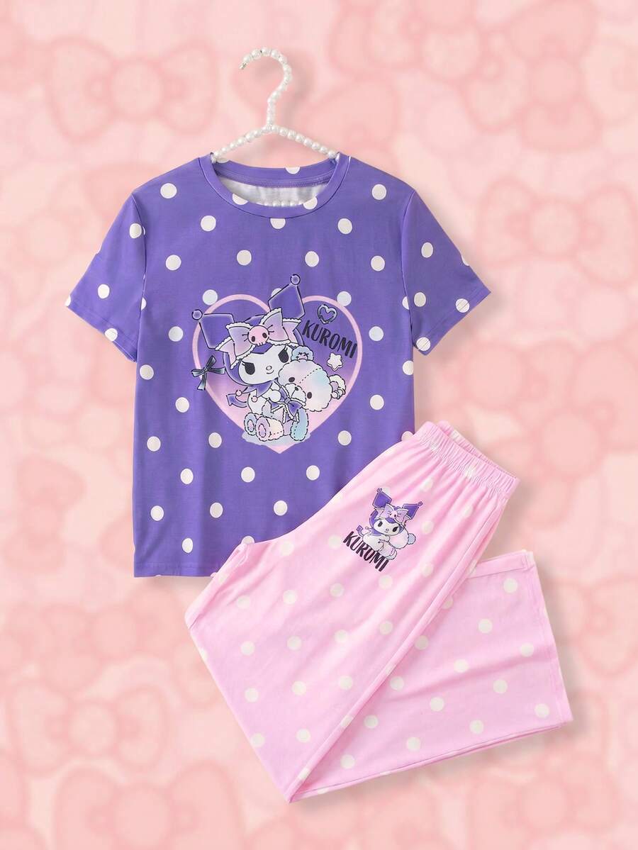 HELLO KITTY AND FRIENDS | SHEIN Tween Girl Round Neck Polka Dot Cartoon Print Short Sleeve Top And Long Pants Casual Daily Home Sleepwear Set - Purple - View 1