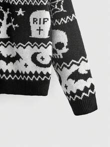 ROMWE Goth Dark Academia Plus Size Knit Cardigan Skull & Bat Jacquard V-Neck Long Sleeve Halloween Autumn/Winter Sweater Jacket - Black - View 3