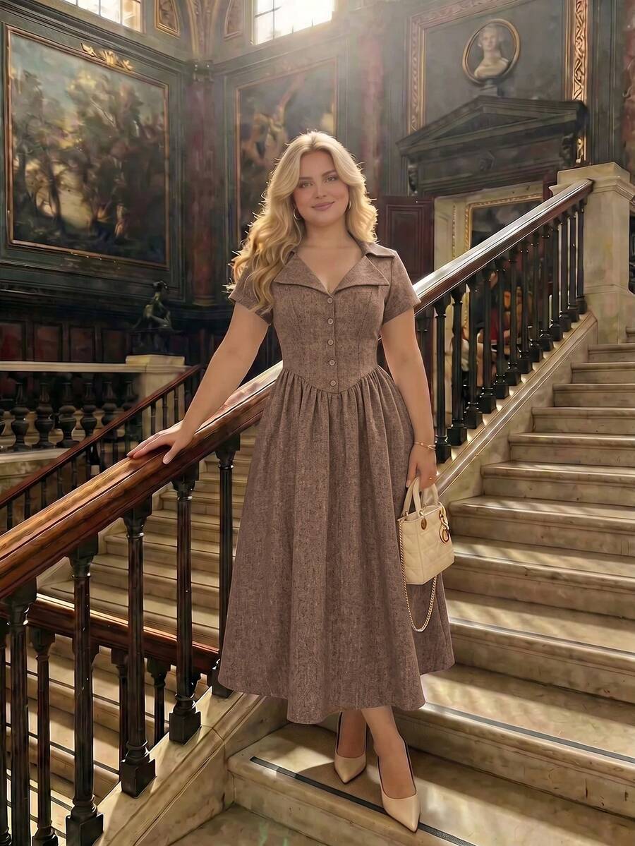 SHEIN MOD Plus Size Women's Solid Color Button Fitted Elegant 1950s Vintage 1920s Mid-Length Dress, Vintage Court Style, Old Money Vibe, Formal, Chocolate Brown - Khaki - View 1