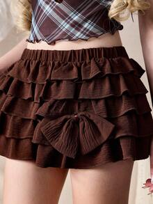 ROMWE Kawaii Girl Dark Brown Multi-Layer Ruffle Bow Decor Women's Skirt Party Summer Romantic Cute - Brown - View 4