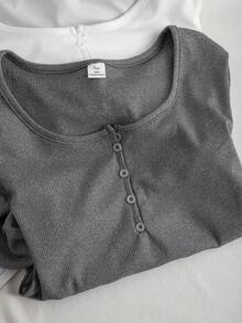 Teen Girls Casual Versatile Autumn/Winter Striped Large Scoop Neck Button-Front Long Sleeve T-Shirt - Multicolor - View 3