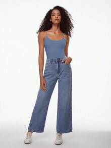 SHEIN BASICS 1件女款純色修身休閒細肩帶背心上衣 白色上衣 - 藍色 - 查看 5