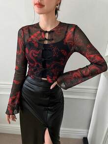 EastFlair Plus Size Women's Fashion Dragon Print Sheer Top Night Party Black Autumn Sexy Fall - Black - View 6