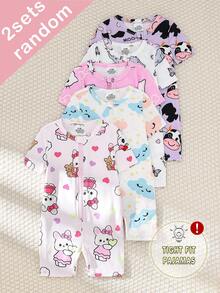 5pcs/Set Random Blind Box, 2pcs Baby Girls' 2-Piece Set Includes Short Sleeve Tops And Shorts, Light Pink, Purple, White, Heart, Cat, Rabbit, Cow, Cloud, Star, Elephant Cute All-Over Print, Casual, Stretchy, Soft, Zipper, Homewear, Suitable For Summer, Bodysuit - Multicolor - View 3