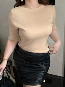 Dazy Plus 大尺碼女款素色休閒百搭日常針織上衣 - 杏色 - 查看 7