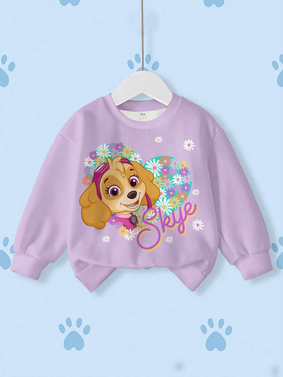 SHEIN | PAW Patrol بلوزة رياضية بياقة طاقم وأكمام طويلة ذات نمط كرتوني للفتيات الصغيرات - أبيض - مشاهدة 1