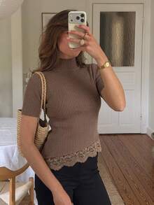 Serisse Women's Elegant Lace Patchwork Stand Collar Short Sleeve Knit Top Autumn Winter Layering Slim Fit Knitted Shirt - Brown - View 2