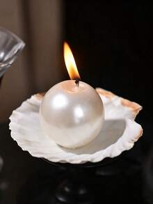 Cirelle 1pc Pearl Sphere Ball Candle With Seashell Dish Tray, Aesthetic Pearlized Round Soy Wax Candle For Room Decor, Wedding, Gift & Relaxation - White - View 2