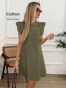 Easowa Frill Trim Stand Collar Ruffle Cap Sleeve Lace Patchwork A-Line Sleeveless Doll Dress 100 Pure Cotton Casual Cottage Core Boho Summer Women's - Green - View 5