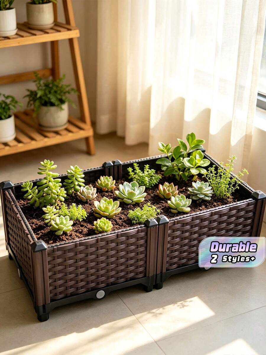 SHEIN Hộp trồng rau nâng cao hình vuông có hệ thống thoát nước, phù hợp với nhiều điều kiện thời tiết, hộp chậu hoa treo lan can ngoài trời, hộp chậu hoa hình chữ nhật, chậu hoa Giáng sinh sáng tạo, bộ bồn vườn hình chữ nhật dùng trong nhà/ngoài trời - (Đã được làm dày) Hộp đơn vị - Xem 1