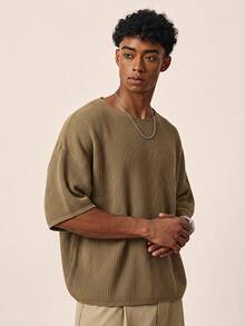 TOKVUE Fashionable Men's Solid Color Crew Neck Dropped Shoulder Knit Top - Camel - View 3