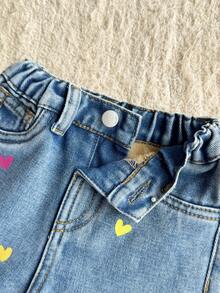 SHEIN LMoss Kids 女嬰秋冬彩色愛心圖案藍色丹寧刷毛內裡寬鬆錐形長褲 - 中等水洗藍 - 查看 6