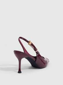 CUCCOO SZL Burgundy Patent Leather Metal Pointed Buckle Slingback Kitten Heel Shoes, Commuter Workplace Model - Burgundy - View 8