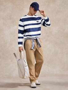 Men's Simple Blue And White Striped Pattern Pullover Sweatshirt, Suitable For Autumn/Winter Striped Long Sleeve - White - View 2