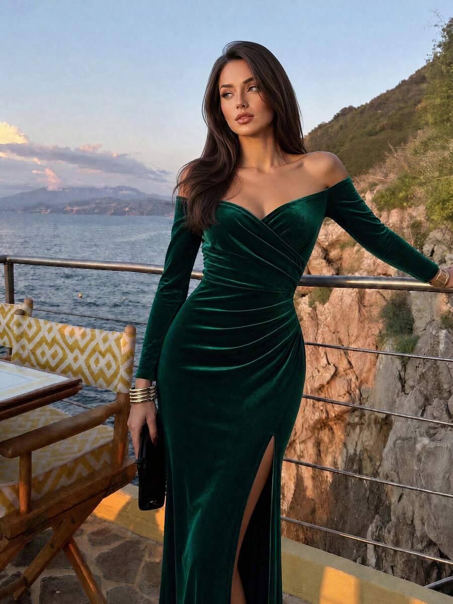 Firerie Solid Color Velvet Off Shoulder Ruched Waist High Slit Bridesmaid Dress, Elegant Long Sleeve Dress Wedding Fall - Green - View 1