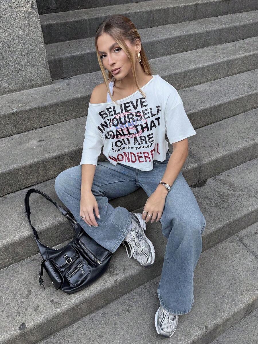 BiaLiraa Women's Fashionable Multi-Color Letter Print Oblique Shoulder Short T-Shirt Casual Summer - Multicolor - View 1