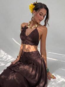 Aloruh Women's 3D Floral Decor Halter Top And Skirt Knit Two Pieces Set - Coffee Brown - View 6