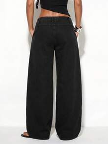 Normani Women's Double Waistband Pocket Wide Leg Loose Casual Denim Jeans - Black - View 3