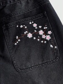 ROMWE MEN Men's Loose Fit Denim Shorts With Tiger Embroidery Pattern - Black - View 4