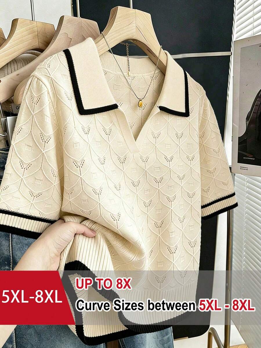 SHEIN CURVE+ Plus Size Women's Apricot Minimalist Casual Lapel Short Sleeve Polo Knit Top, Daily Simple Commute, Summer Top, Holiday, Party Top, Mother's Graduation, Elegant, Casual, Vacation, Formal Wear, Women's Office Wear, Business Professional Women, Regular Fit Short Sleeve Colorblock Apricot Loose Straight Pullover Knit Top, Spring/Summer Neckline Design Decorated With Fashionable Plant Pattern - Multicolor - View 1
