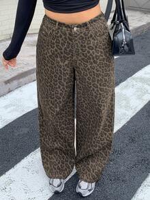 Dazy Tall Curve Jeans de mujer talla grande con cintura semi-elástica, estampado de leopardo, estilo callejero, corte holgado, para otoño y todas las estaciones, retro, marrón, para mujeres altas - Marrón - Ver 6